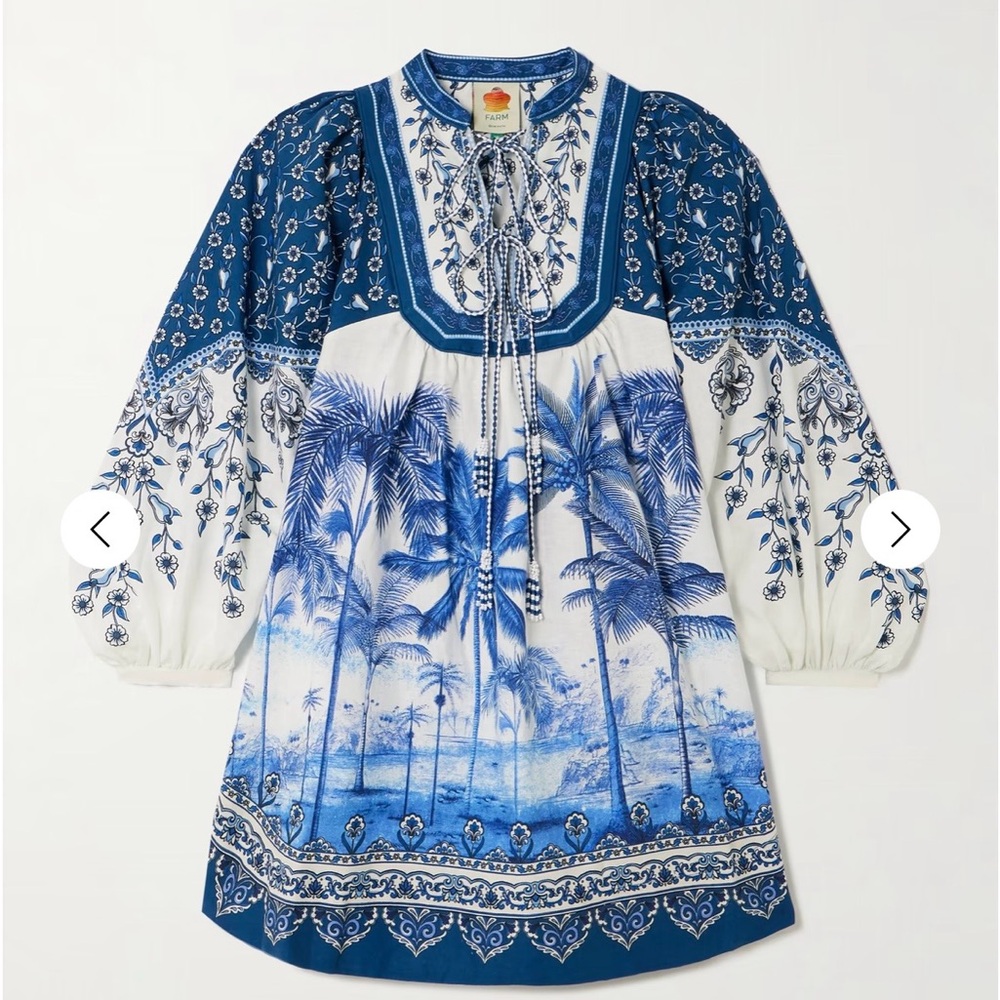 Farm Rio, tropical print, blue and white mini dress, medium